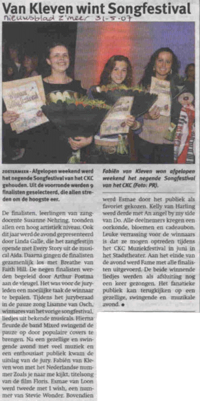 Nieuwsblad-Zoetermeer-31-mei-2007-CKC-Songfestival-Linda-Galle